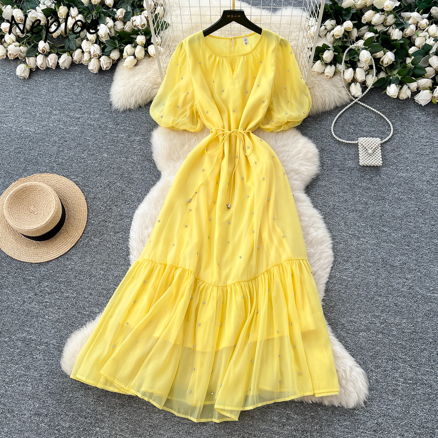

Neploe 2025 Summer New French Sexy Robe Hollow Out O Neck Lantern Sleeve Heavy Vestidos Lace Up Slim Waist Ruffles Mesh Dresses