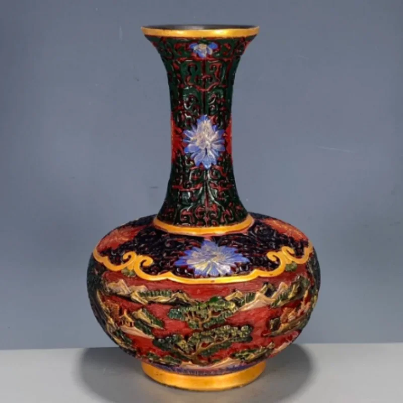 Vintage Carved Lacquer Bianhu Vase with Landscape Relief- Traditional Oriental Artwork, Desktop Decor & Collectible Modern Craft