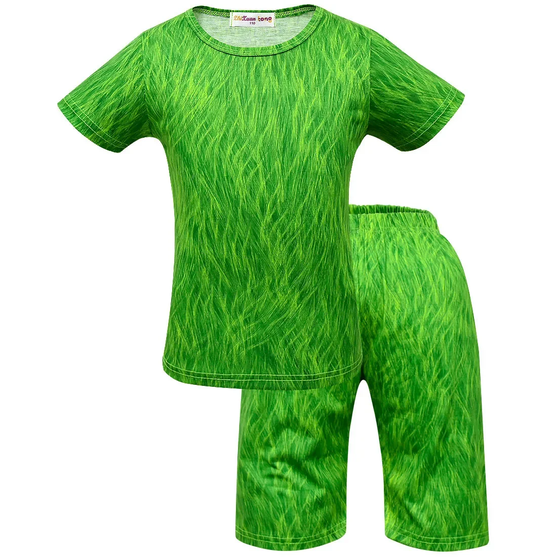 Kids Anime Cartoon Green Santa Short Sleeves T Shirt Top Shorts Mask Set Outfit for Boys Christmas Halloween Cosplay Costume