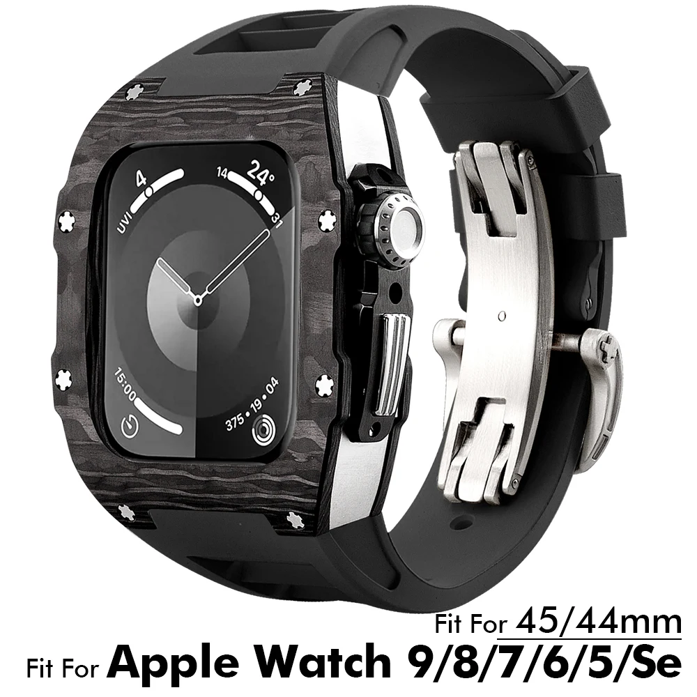 

Retrofit Kit Carbon Fiber Case for Apple Watch 45mm 44mm Mod Kit For Iwatch 9 8 7 6 5 4 SE Fluororubber Strap Band Silver