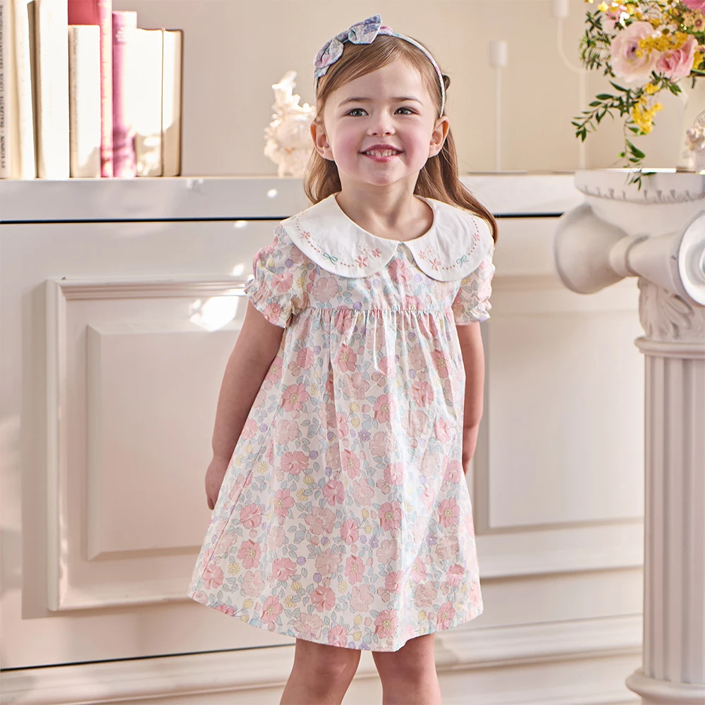 Dave Bella Girls Princess Floral Dress Children Printed Short Sleeve Summer COtton Dress Cute Party Outdoor Clothes DB2261250 image 2