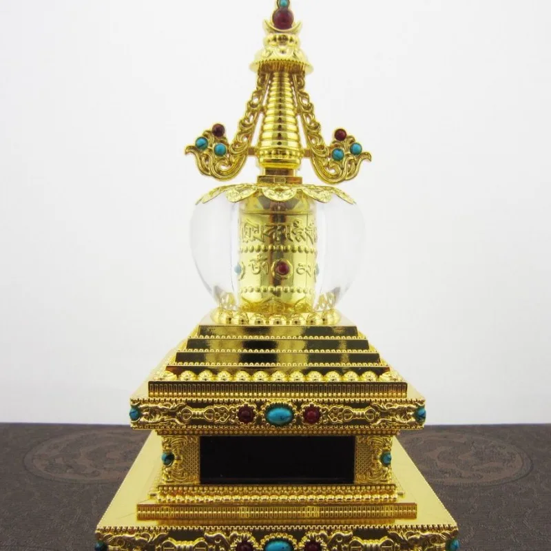 Full Metal Stupa Prayer Wheel Solar Powered Car Ornament Handcrafted Buddhist Decor