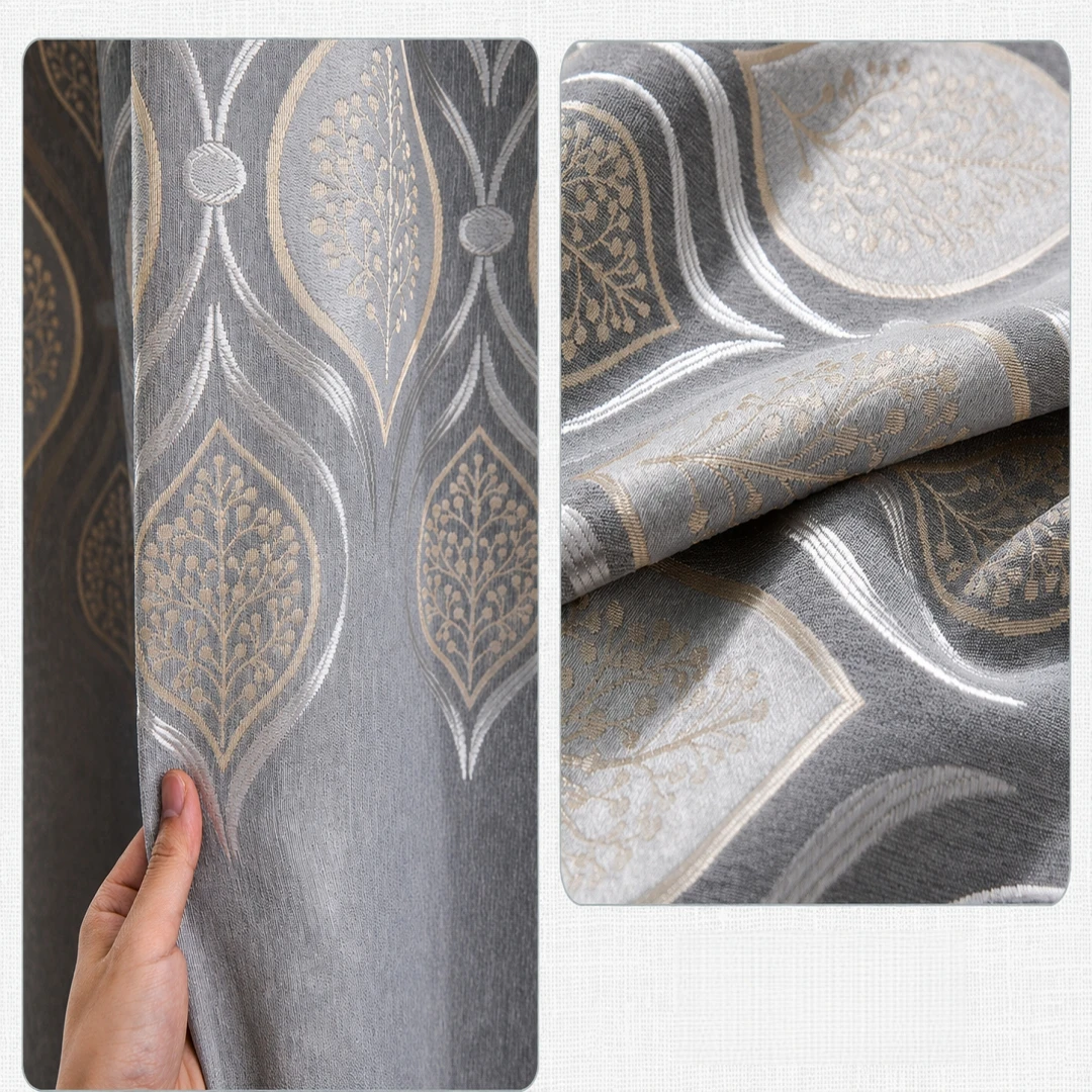 1pc Gold & Silver Thread Leaf Embossed Blackout Curtain, Wrinkle-resistant, Elegant for Study & Teahouse