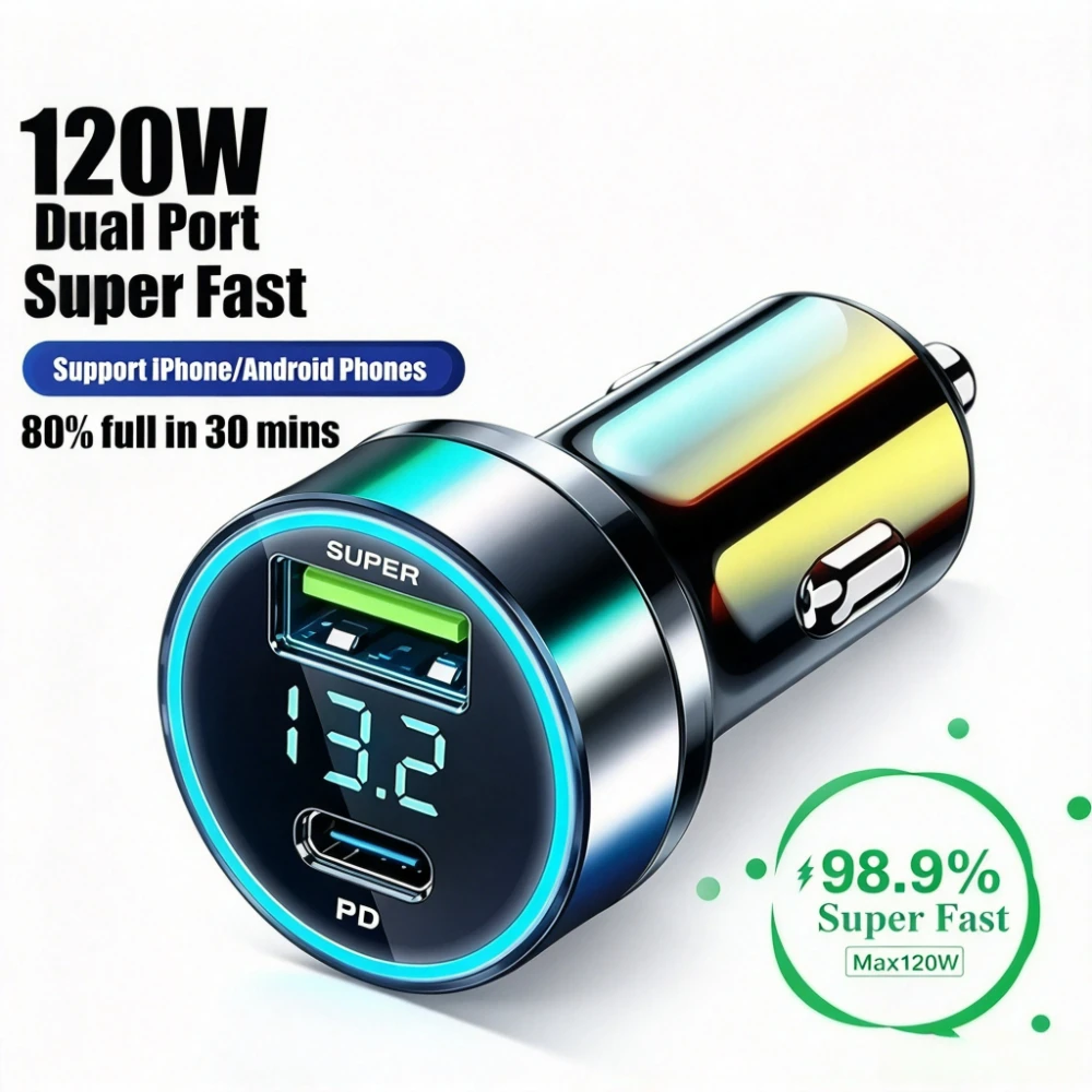 240W USB Car Charger LED Digital Voltage Display Fast Charging Adapter Cigarette Lighter Auto Phone Charger For Xiaomi Samsung