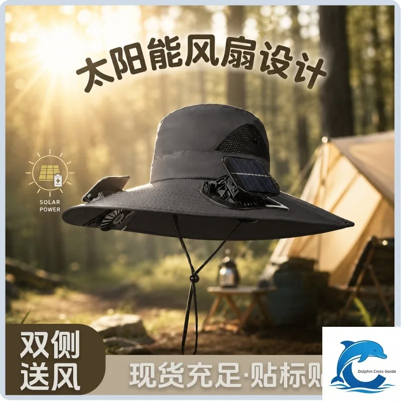 Applicable torechargeable Solar Dual Fan Fisherman Hat, Wide Brim Breathable UV Protection Cooling Hat for Fishing Camping