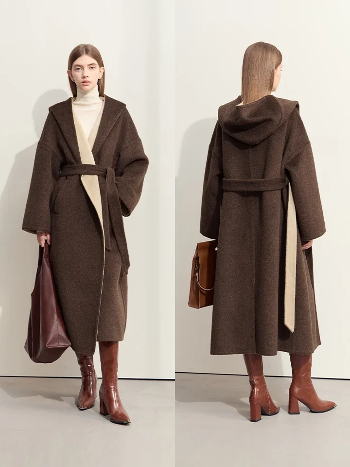 AMII Minimalism Hooded Woolen Coat For Women 100% Wool Color
