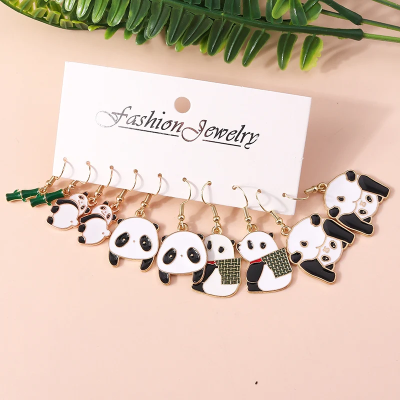 Aihua 5pair/set Cute Earrings Sets Lovely Enamel Kung Fu Panda Bamboo Earrings for Women Birthday Party Jewelry Gifts