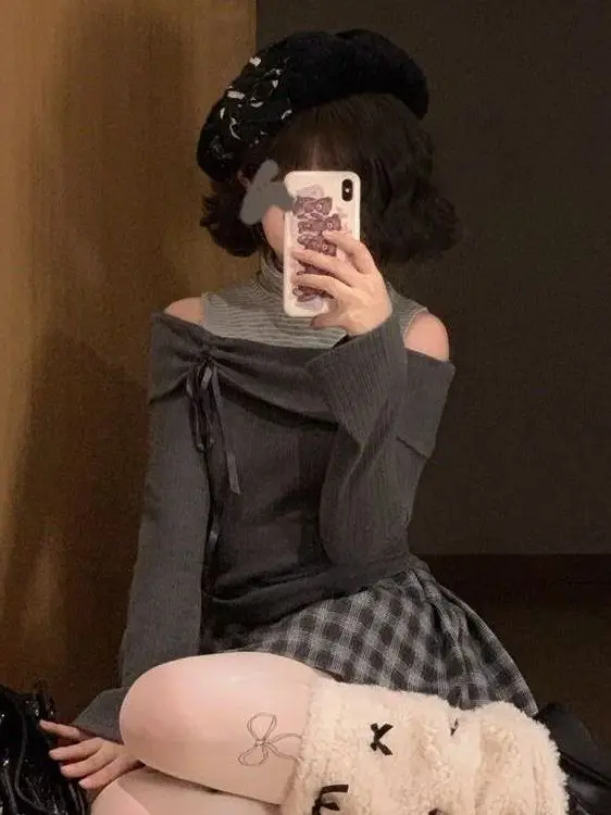 Romantic Pure Desire Plaid Velvet Two-Piece Set Shoulder Bared One-Shoulder Black White Grid Short Skirt Sweet Princess