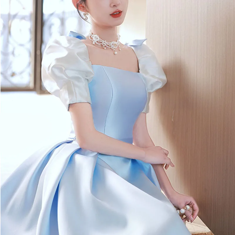 GIYSILE Blue Luxury Evening Dress with Bow Decoration on The Back, Coming-of-age Ceremony Banquet Birthday Party Formal Dress