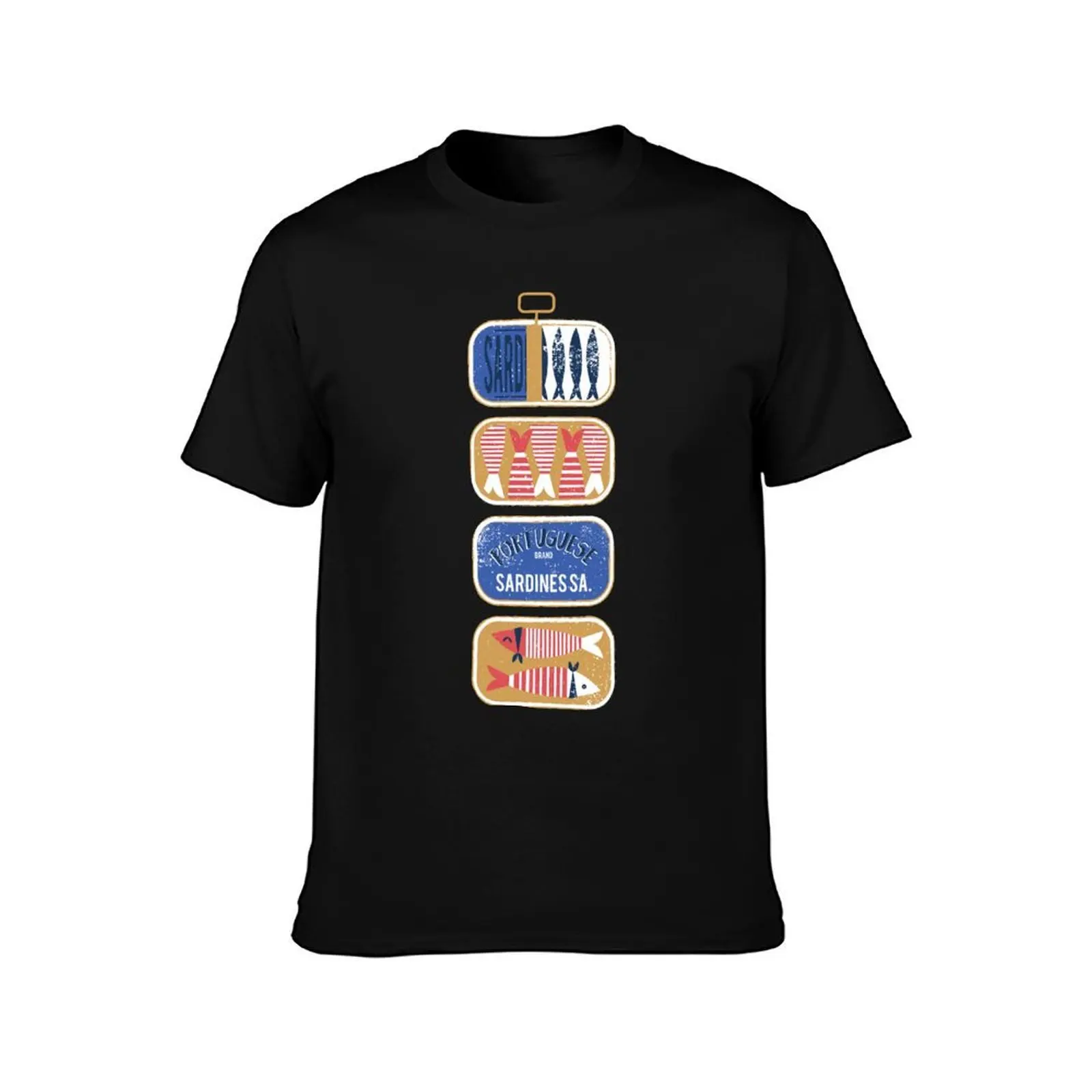 Vintage canned sardines // white background electric blue and mandy red cans T-Shirt men t shirt cotton 100% T-Shirt