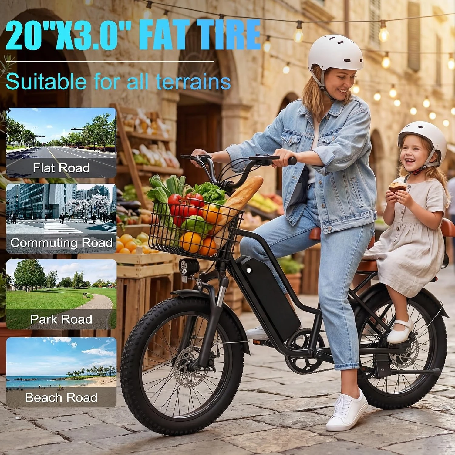 1000W 2-Seater Adult Electric Bike with Rear Seat & Front Basket, 48V 13Ah Removable Battery Commuter Ebike, Customized