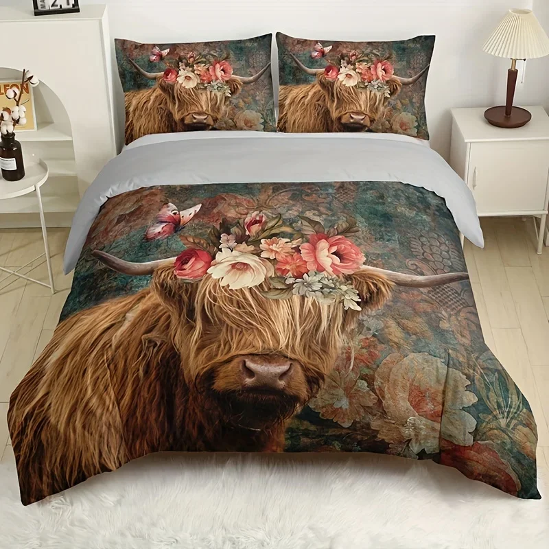 3pcs Vintage Duvet Cover Set, Rustic Pastoral Style Highland Cow Pattern Bedding Set, Soft Comfortable Breathable Duvet Cover