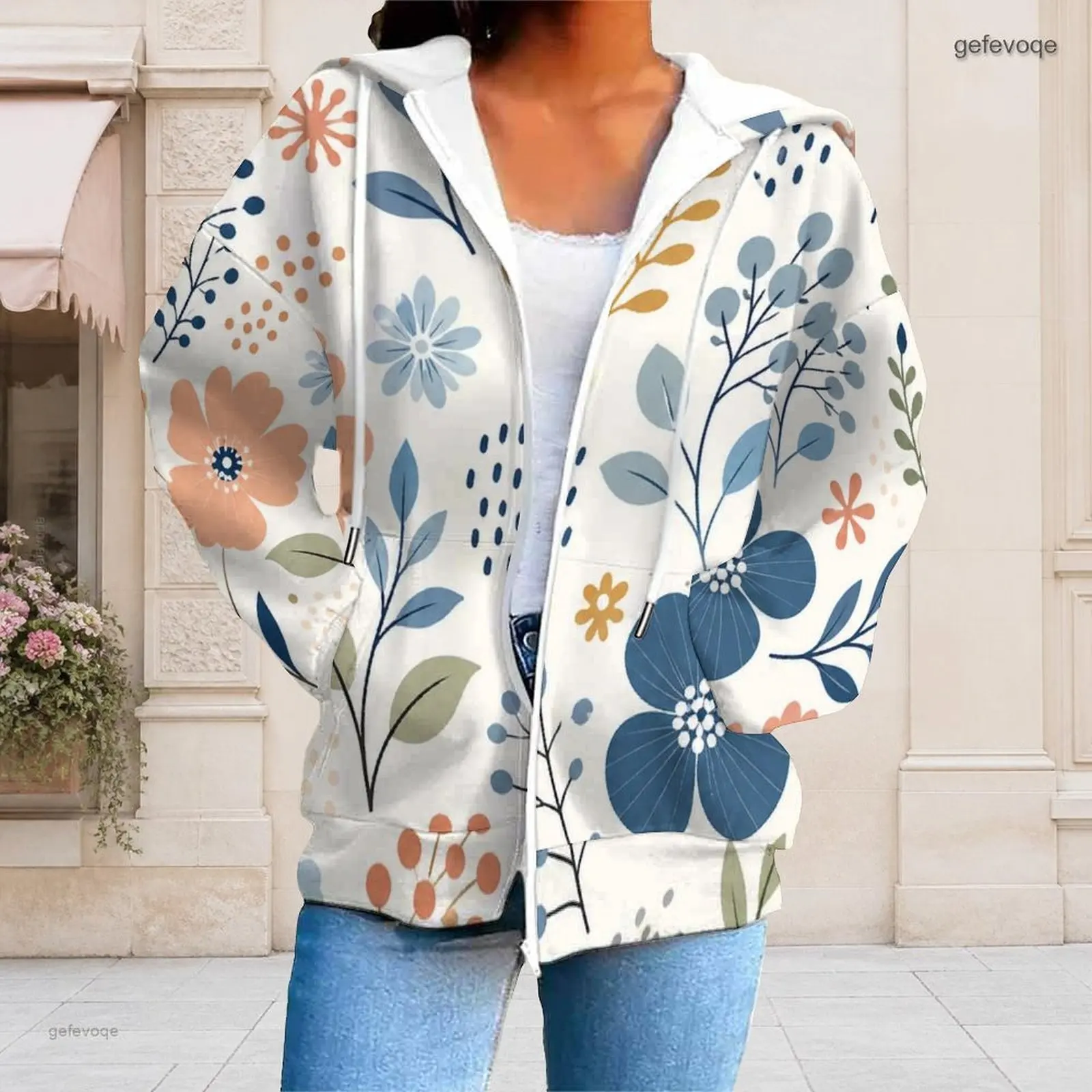 Women Blue Gradient Floral Printed Zip Up Long Sleeve Hoodie with Drawstring Hood and Pockets
