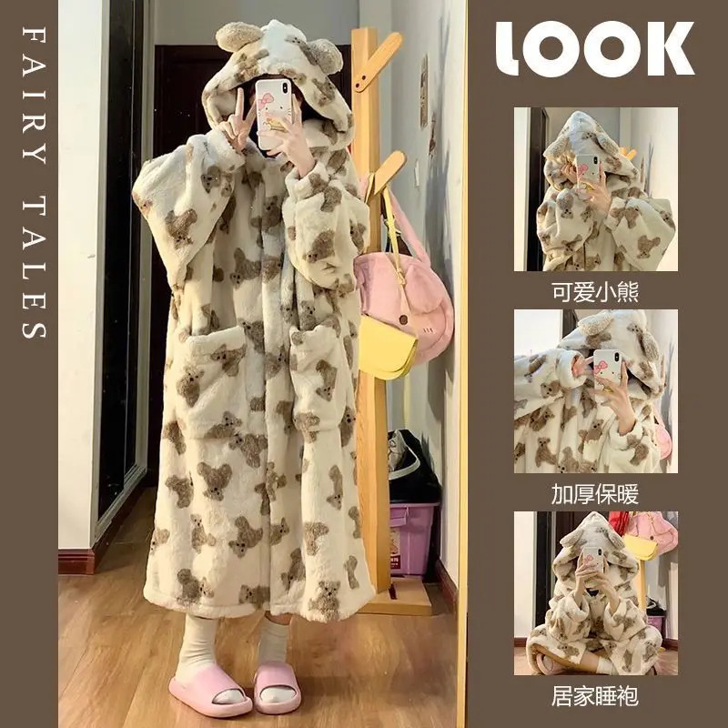 Cute Bear Coral Fleece Nightgown Women Winter Thickened Flannel Bathrobe Nightdress Girls Homewear Pajamas Robe with Pant Suit
