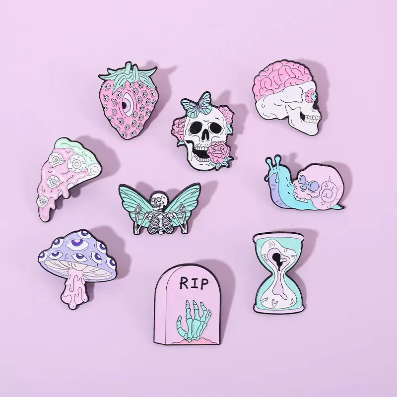 Skeleton Enamel Pins Custom Intensive Eyes Strawberry Pizza Mushroom Lapel Brooches Bag Punk Jewelry Gifts For Friends Wholesale