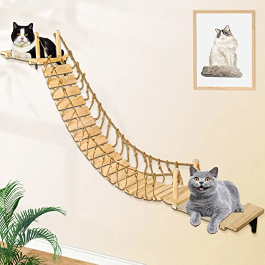 

Cat Wall Shelves 70 Cat Bridge Hammock Tree with Mounted Perch Cloud Shelf in Natural Wood Color for Home Decor and Pet Comfort