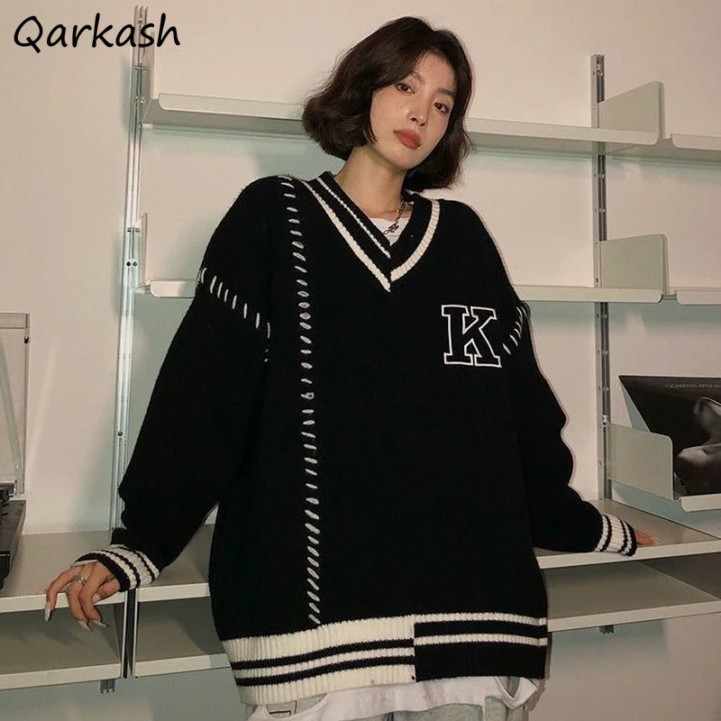 

V-neck Pullovers Women Fashion Chic Loose Knitting Sweaters Females Streetwear Preppy Style Patchwork Ulzzang Long Sleeve New