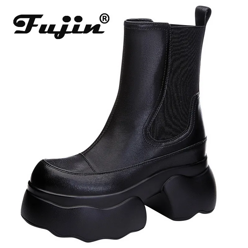 

Fujin 9.5cm Microfiber Leather Women Chelsea Increase Casual Ankle Boots Platform Wedge Chunky Heels High Heels Elastic Shoes