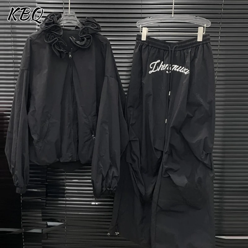 

KBQ Solid Two Piece Sets for Women Ruffles Neck Long Sleeve Spliced Zipper Tops High Waist Loose Pants Minimalist Set Female New