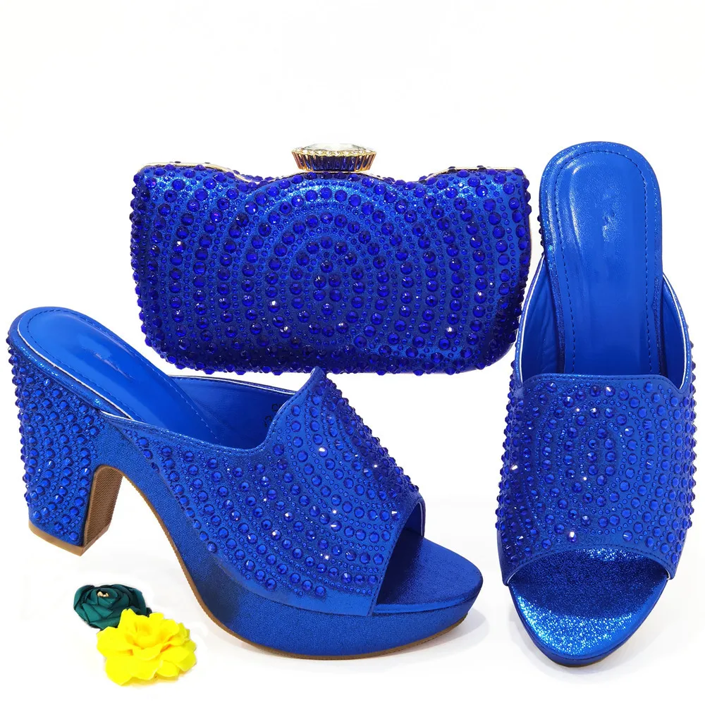 

Wonderful Blue 10CM High Heel Women Shoes Match Purse With Crystal Decoration African Dressing Pumps And Bag Set CR936