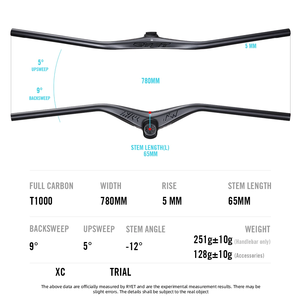 RYET NEW MTB Carbon Full Inner Cable Integrated Handlebar 780mm -12 Degrees AM XC One-Piece Flat Carbon Bicycle Handlebar