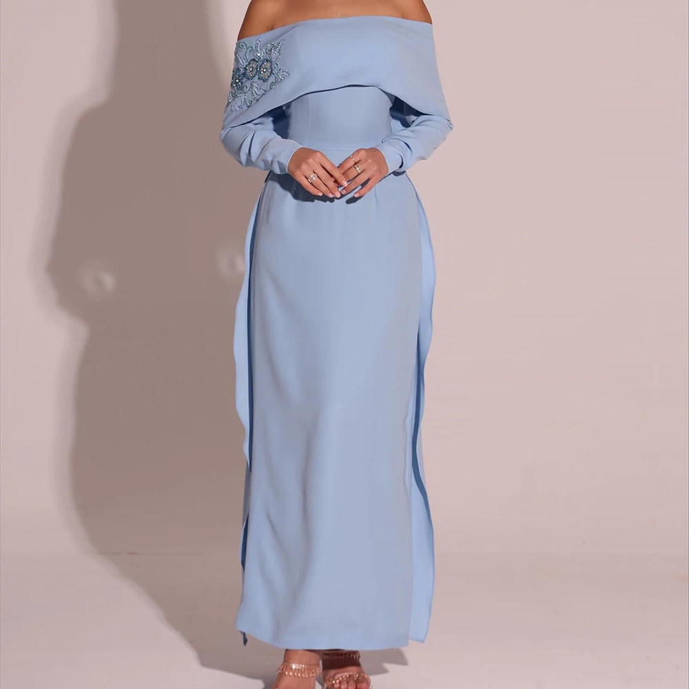 

Customized A-line Evening Dresses Ankle-length Off The Shoulder Full Sleeve Prom Gown Fashion Flowers Simple Draped Party Gown