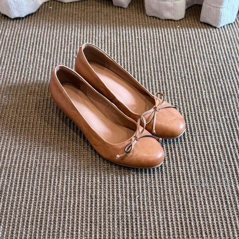 BANFANG Women's 5cm Heel Shallow Mouth Shoes Versatile High Quality Genuine Leather Round Toe Casual Commute Bow Single Shoes
