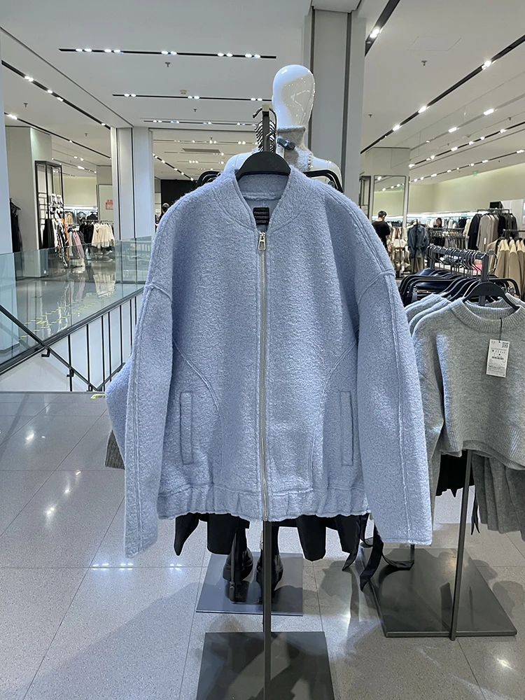 Autumn Winter Loose Women's Pilot Jacket Coat Pearl Woolen Baseball Style Zipper Long Sleeve Regular Fit Commute Fashion