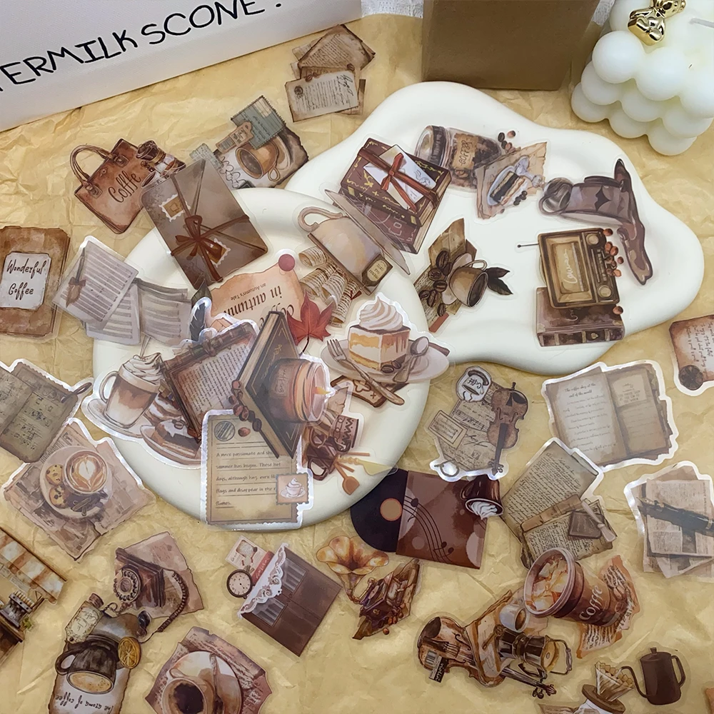 

50pcs Vintage Cafe Transparent PET Stickers Decals For Laptop Luggage Skateboard Scrapbook DIY Aesthetic Stickers Creative Gifts