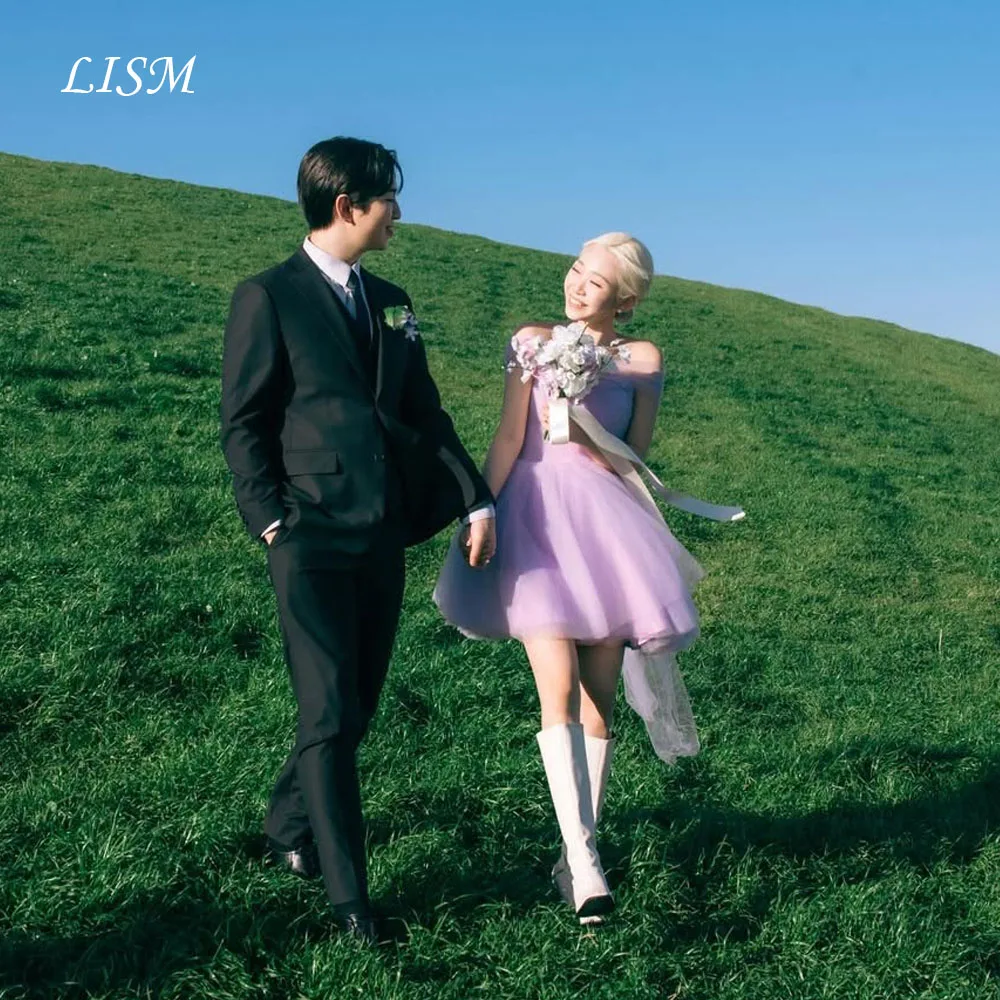 

LISM Pink Off Shoulder A-Line Korea Evening Dress Sweet Mini Short Prom Gowns Silk Tulle Customized Cocktail Gown Photo Shoot