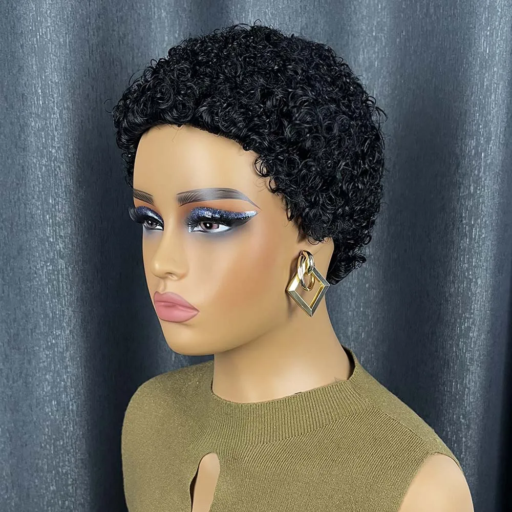 Натуральный черный вьющийся парик с стрижкой пикси для чернокожих женщин, машинный парик из человеческих волос для ежедневного использования