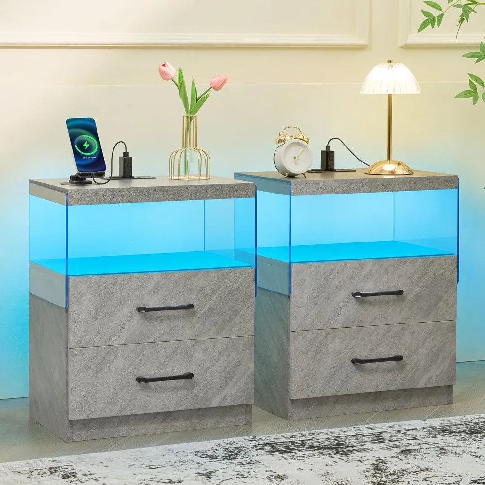 

"pair of grey modern nightstands with led lights and charging stations - 2 drawer wooden bedside tables for bedroom"