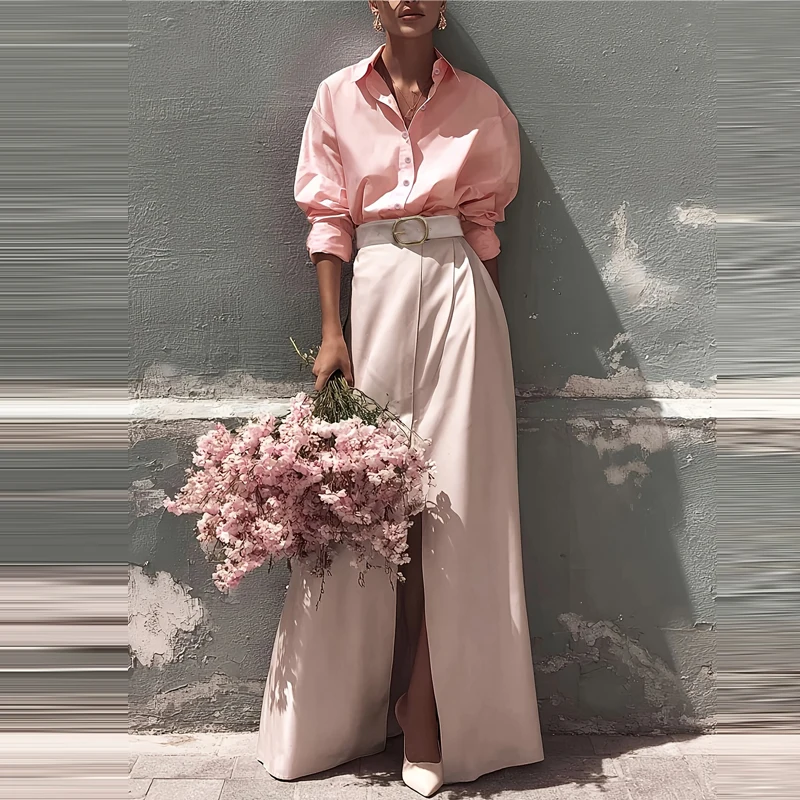 

Casual Women Slim Commute Two Piece Sets Fashion High Waist Split Skirts Outfits Solid Lapel Long Sleeve Shirts&Half Skirts Sets