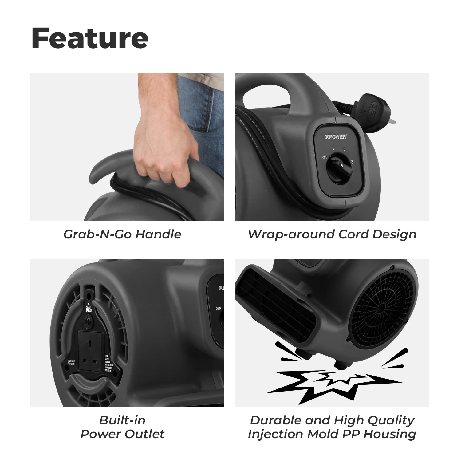 XPOWER-مجفف سجاد أسود قوي ، محرك هواء صغير ، مروحة أرضية احترافية خارجية ، فندق ، سوبر ماركت ، صناعي