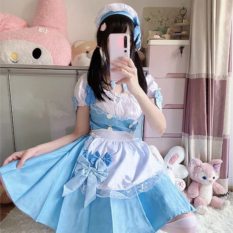 

Anime Lolita Blue Dress Maid Cosplay Costume Anime Game Maid Suit with Apron Women Lolita Comic Exhibition Servant Uniform
