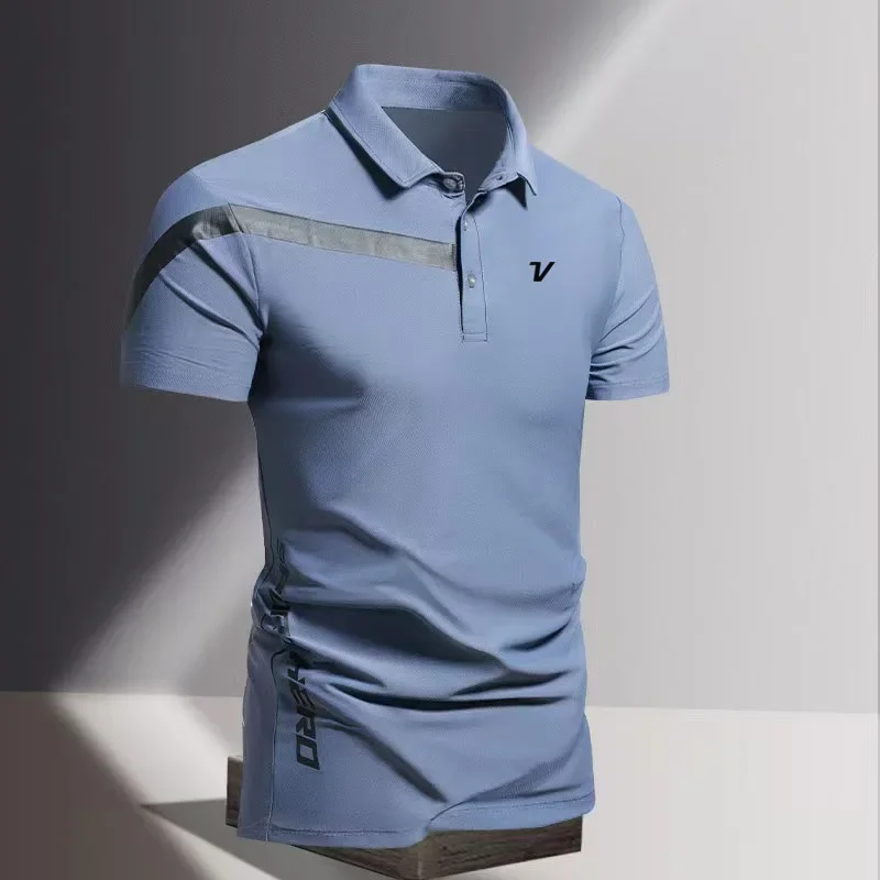 

2025 new ice silk polo shirt slim fit short sleeved Lapel T-shirt breathable business intelligent golf sports shirt summer