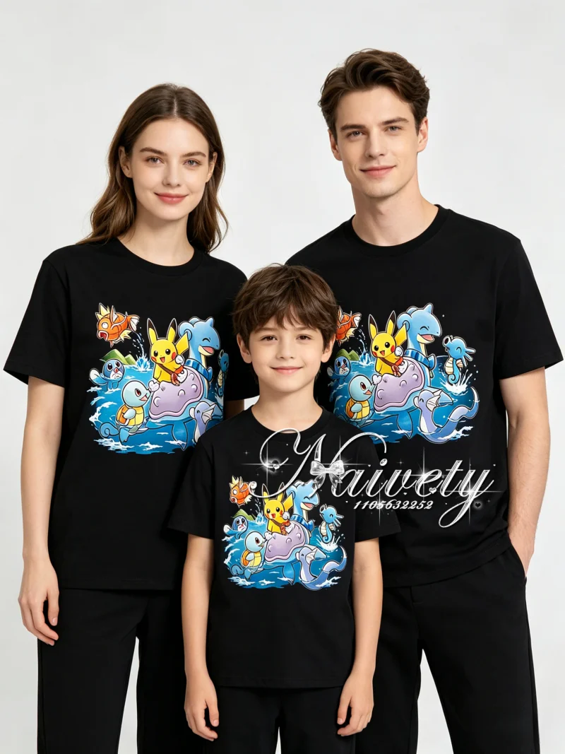 

2026 Summer Pokemon Family Matching T-Shirts, 100% Cotton High Quality Print Tops Pikachu Lapras Squirtle Couple Tees for Travel