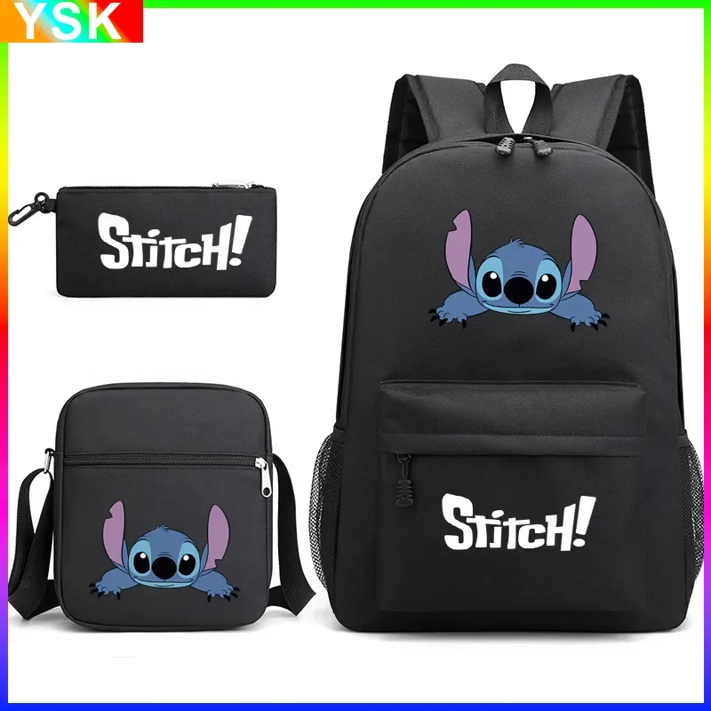 3PC-SET MINISO Disney Lilo and Stitch Stitch Backpack Shoulder Bag + Pencil Bag Black Student School Bag Fashion Accessories