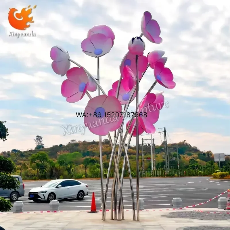 Wmwmnu Custom Large Outdoor Stainless Steel Flower Sculpture with LED Light for Plaza Park Street Landscape Decoration