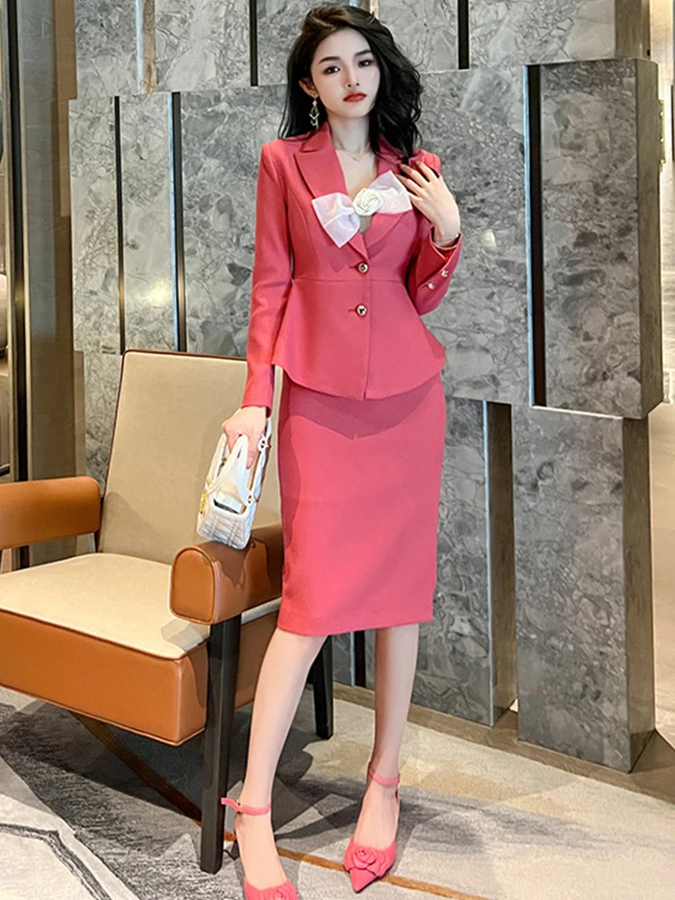 Spring Autumn 2 Pieces Outfit Suits Women Chic Formal Single Breasted Tops Coat Blazer Suit Sexy Strap Backless Midi Dress Set