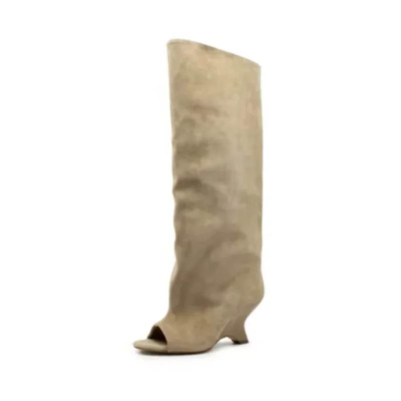 2025 High-quality Peep Toe Women's Knee High Boots Round Toe Wedges Suede Woman Long Boots Party Wedding Versatile Female Shoes image 6