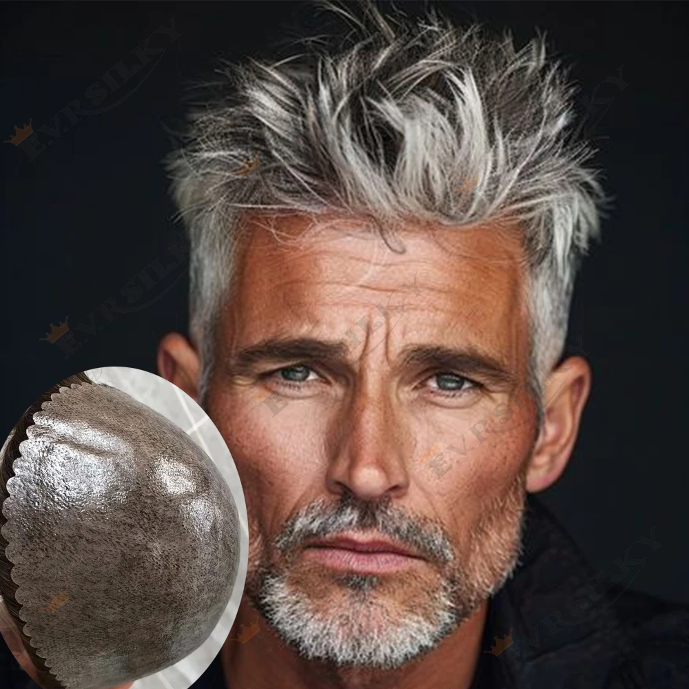 

130Density 100% Human Hair Durable Full 0.1mm PU Dark Brown Men Toupee Grey 1B20 1B50 Black Men Silicon Toupee Poly Skin System