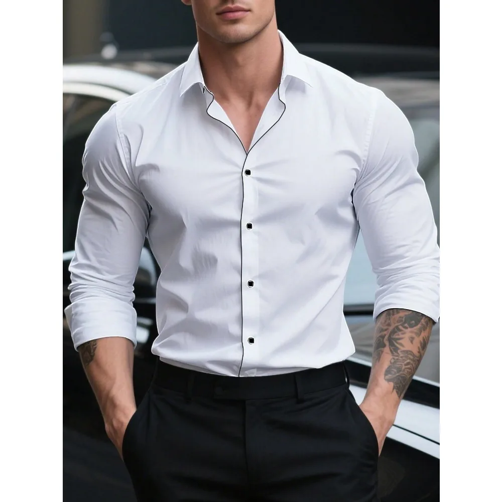 

Brand New Men White Shirts Fashion Quality Long Sleeve Casual Solid Color Elastic Male Business Shirt