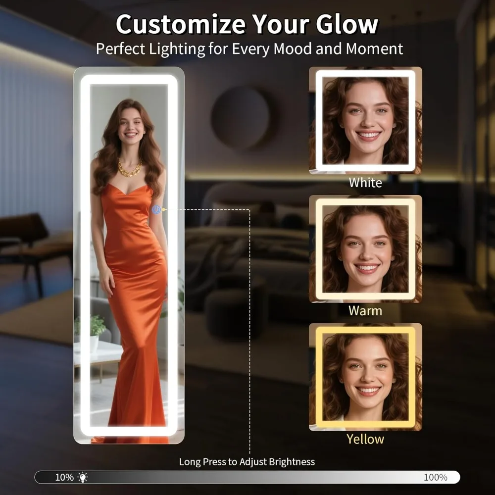 LED 조명이 있는 60x16인치 전신 거울, 밝기 조절 및 3가지 색상 옵션, 침실 및 드레스룸에 이상적