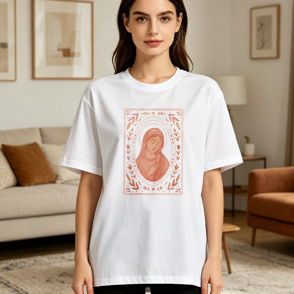 Virgin Mary Floral Border Sketch Graphic Shirt Women Soft Peach Tone Catholic Art Print Tee Cotton Short Sleeve Prayer Gift Tops