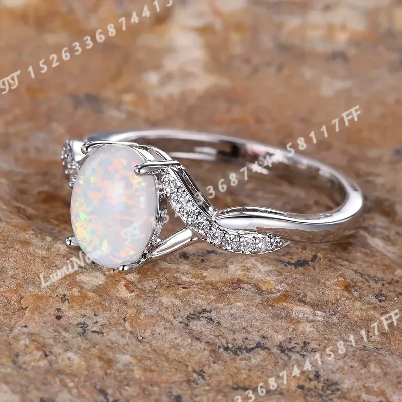Oval White Opal Twist Curved Ring for Women Simple Delicate Glitter Creative Design Wedding Engagement Party Wear Elegant