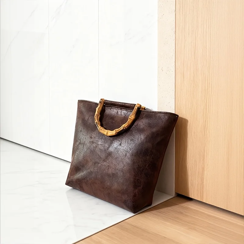 Vintage Distressed Cracked Large-Capacity Tote Bag for Women, High-Quality Faux Bamboo Handle Design, Dark Brown Vintage-Style - view 4