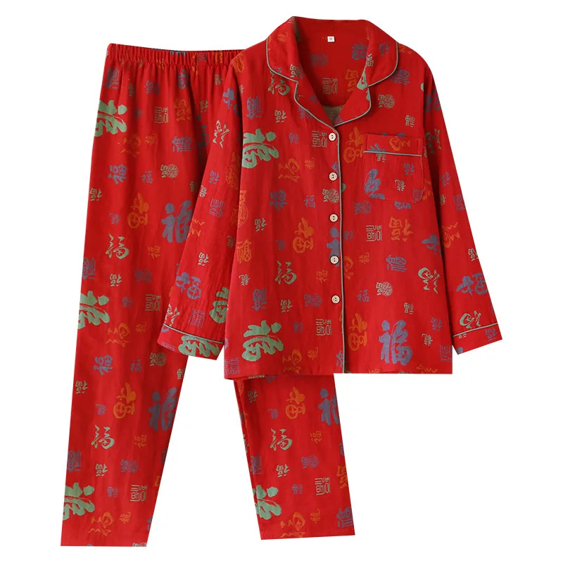 

Spring Autumn Women Chinese Style 100% Cotton Pajamas Sets Sleepwear Plus Size Sweet Red Home Clothes Long Sleeve Pijama Mujer