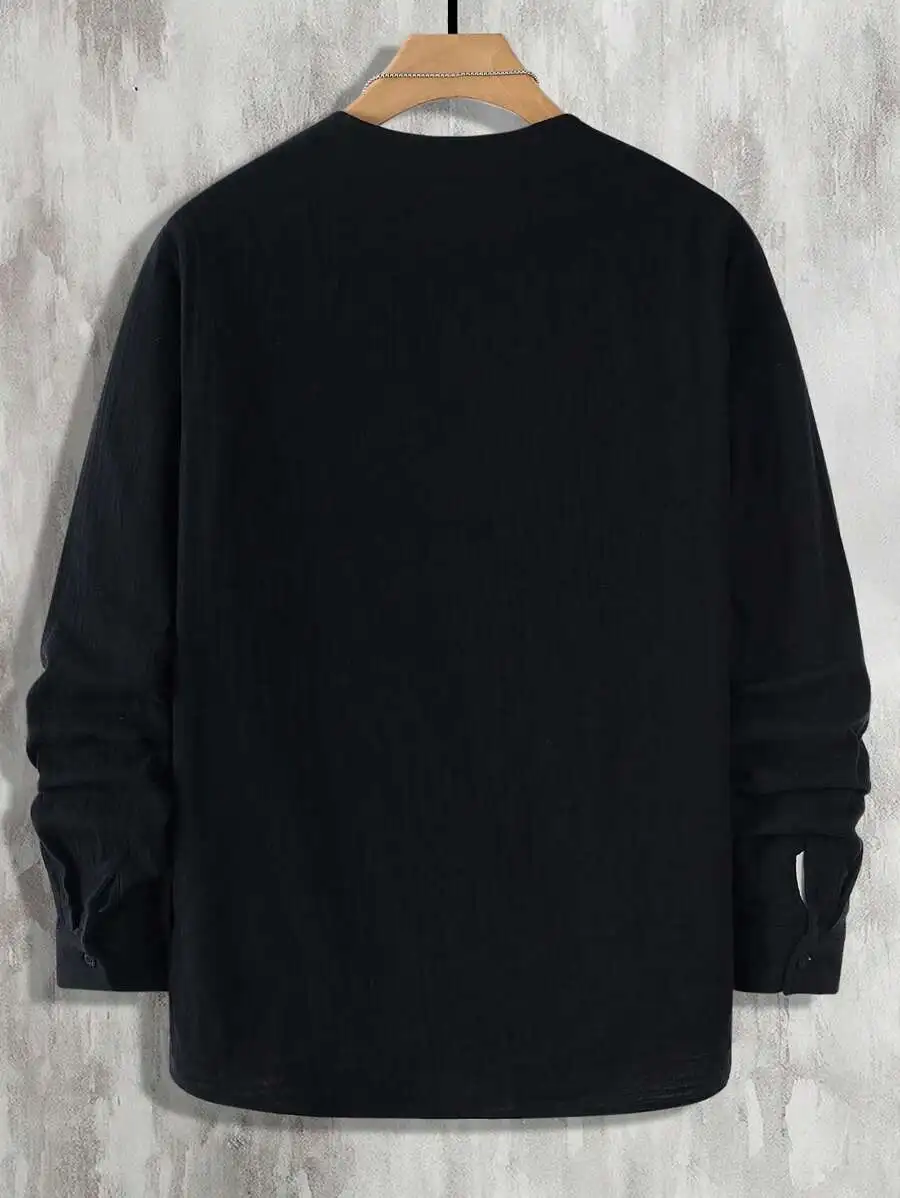 Camisa de manga larga con botones para hombre, corte ajustado, estilo bohemio negro para vacaciones de otoño