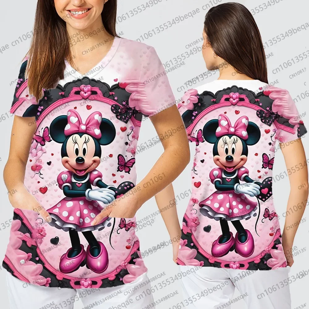 العصرية Y2k نمط الخامس الرقبة المرأة تي شيرت قصيرة الأكمام تنفس ممرضة موحدة ديزني مستوحاة تصميم الإناث الزي غير رسمي #5